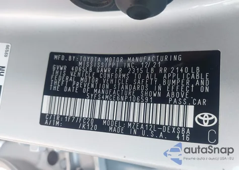 2022 Toyota Corolla Se z USA, uszkodzony, nr VIN 5YFS4MCE6NP106591